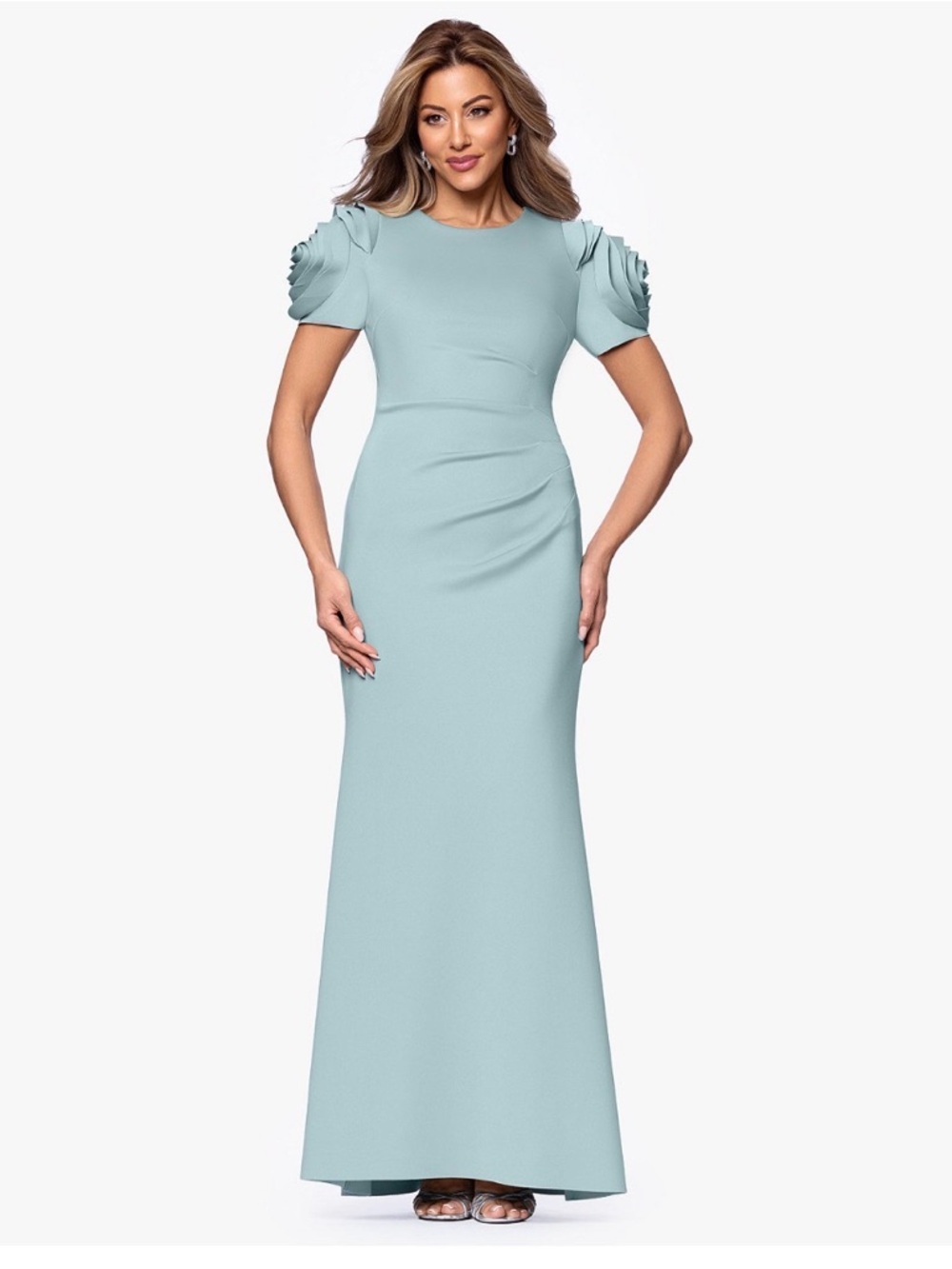 Xscape Sage / blue Maxi Gown with Sculpted Short Sleeves